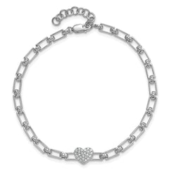14K White Gold Polished Complete 1/6 carat Diamond Heart Cluster Fancy Link 7 inch Bracelet with 1 inch Extender