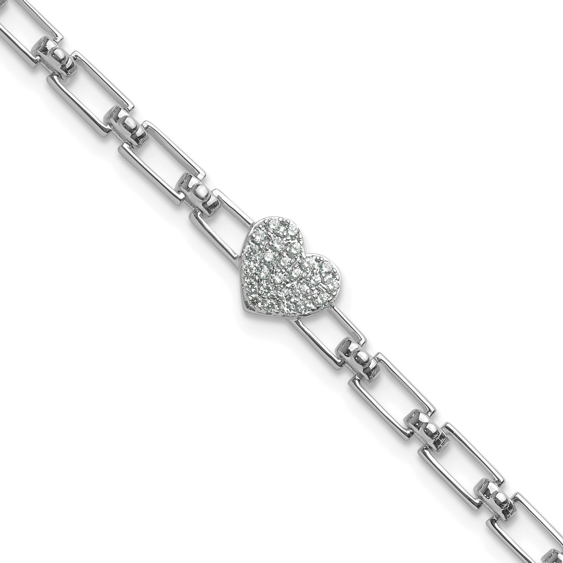 14K White Gold Polished Complete 1/6 carat Diamond Heart Cluster Fancy Link 7 inch Bracelet with 1 inch Extender