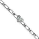 14K White Gold Polished Complete 1/6 carat Diamond Heart Cluster Fancy Link 7 inch Bracelet with 1 inch Extender