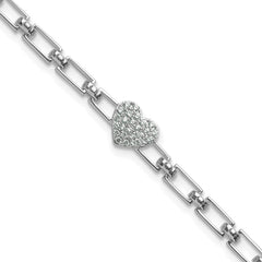 14K White Gold Polished Complete 1/6 carat Diamond Heart Cluster Fancy Link 7 inch Bracelet with 1 inch Extender