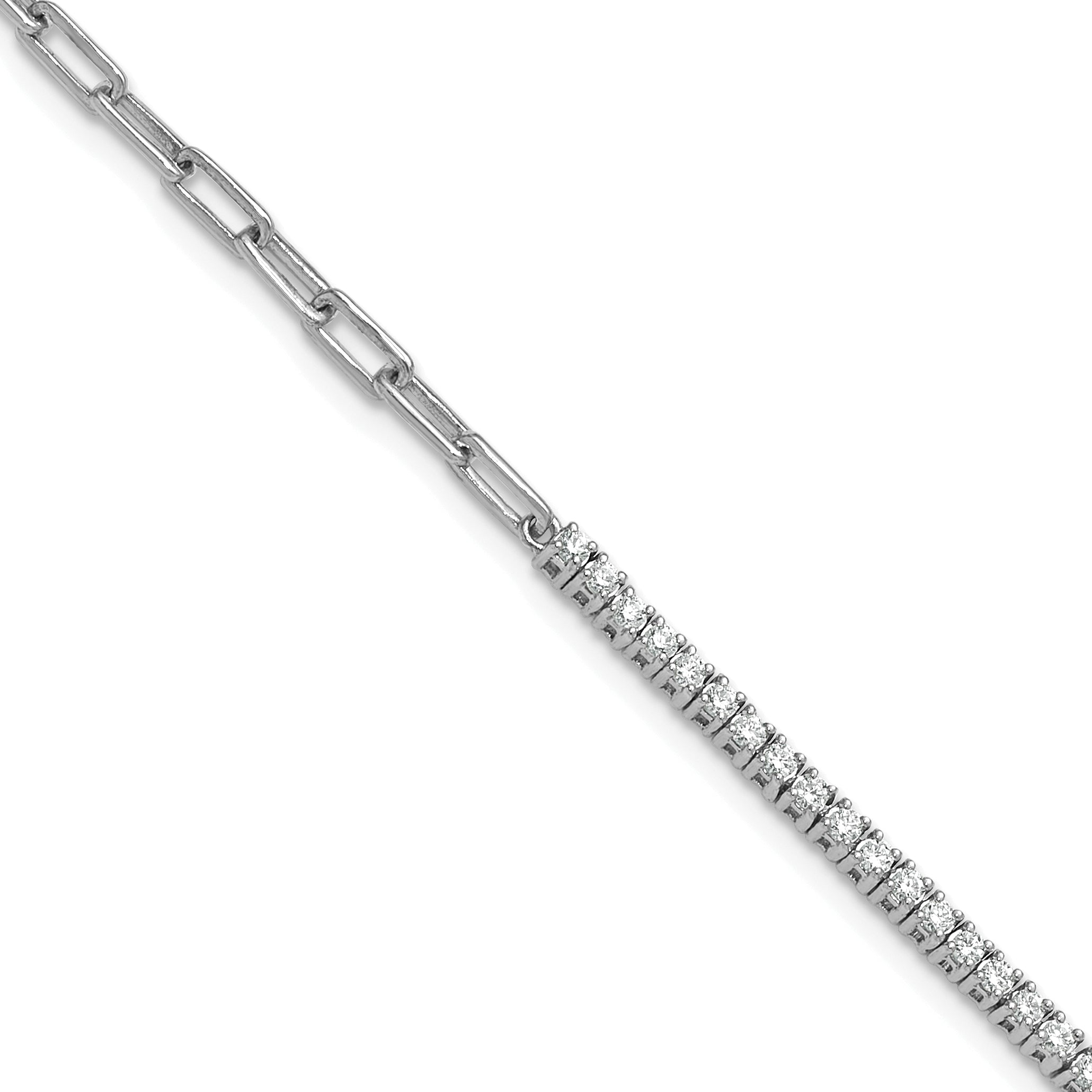 14K White Gold Polished Complete 3/4 carat Diamond Paperclip Link 7 inch Bracelet with 1 inch Extender