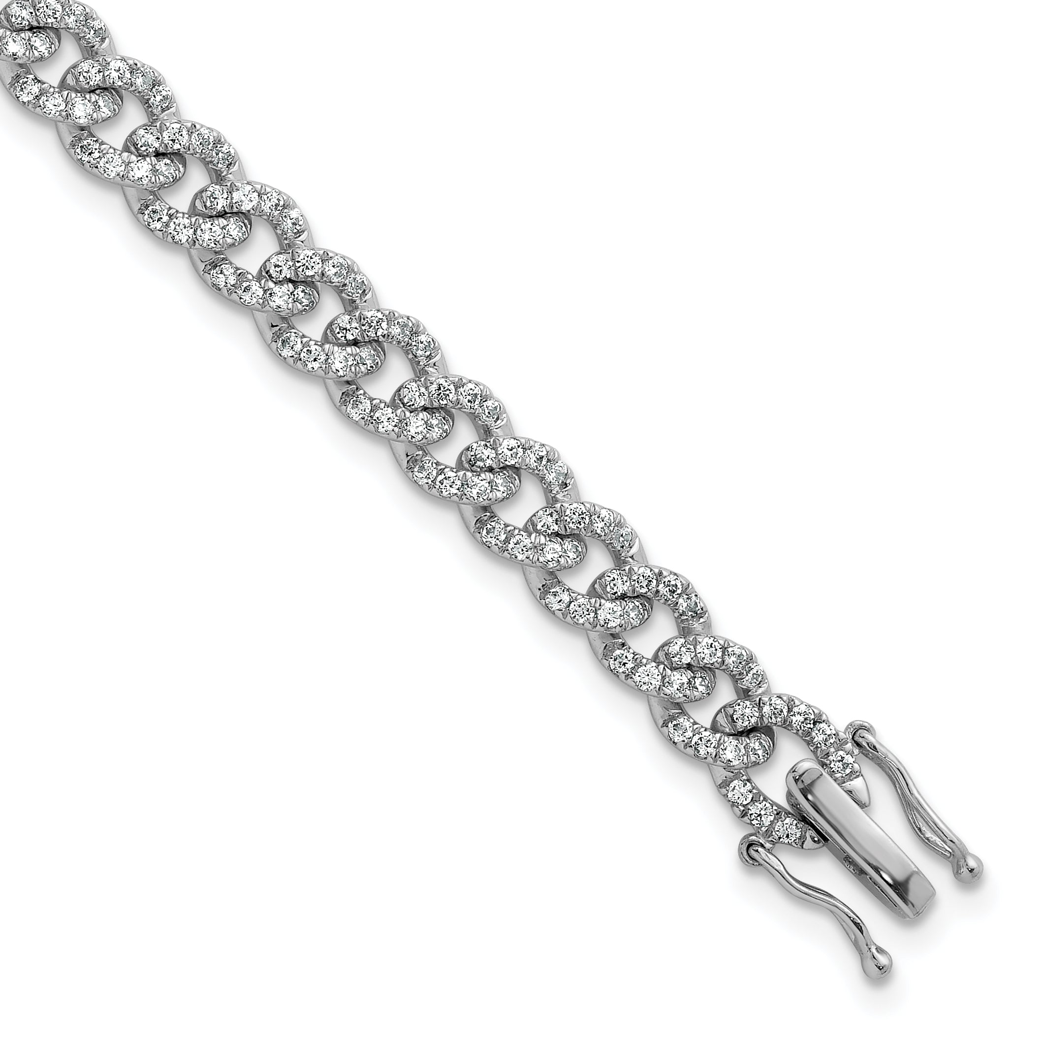 14K White Gold Polished Complete 2.6 carat Diamond Fancy Curb Link 7 inch Bracelet