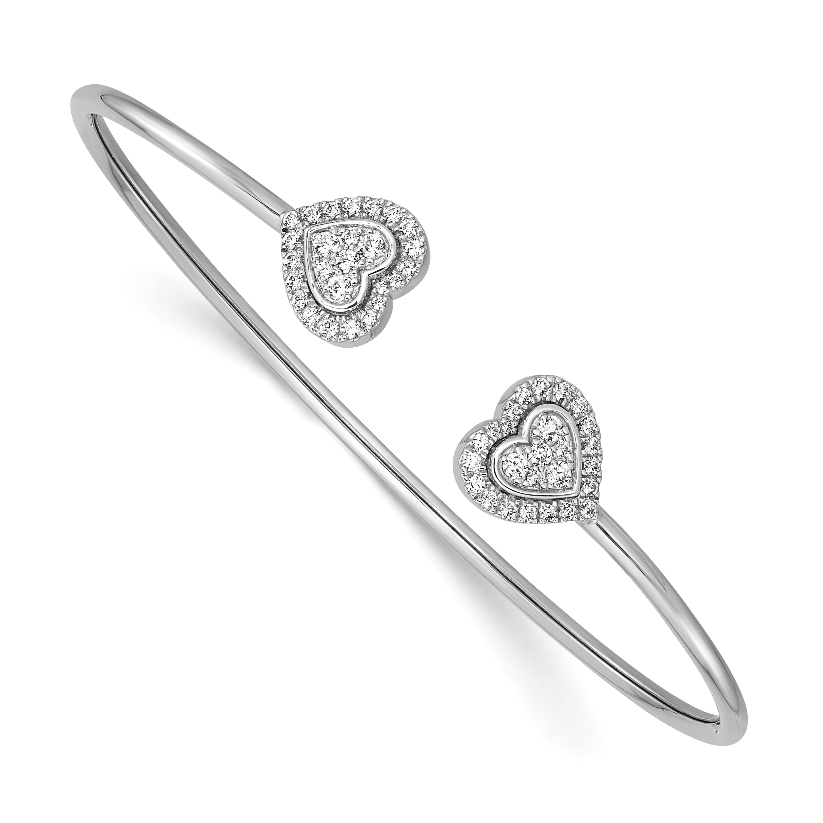 14K White Gold Polished Complete 1/2 carat Diamond Heart Flexible Cuff Bangle Bracelet