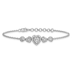 14K White Gold Polished Complete 5/8 carat Diamond Hearts 7 inch Bracelet with 1 inch Extender