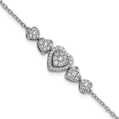 14K White Gold Polished Complete 5/8 carat Diamond Hearts 7 inch Bracelet with 1 inch Extender