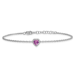 14k White Gold 1/20 carat Lab Grown Diamond VS+ F+ and Natural Pink Sapphire with 1 inch extension Halo Heart Fashion Link Bracelet