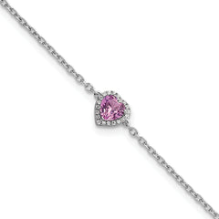 14k White Gold 1/20 carat Lab Grown Diamond VS+ F+ and Natural Pink Sapphire with 1 inch extension Halo Heart Fashion Link Bracelet