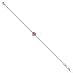 14k White Gold 1/20 carat Lab Grown Diamond VS+ F+ and Natural Pink Sapphire with 1 inch extension Halo Heart Fashion Link Bracelet