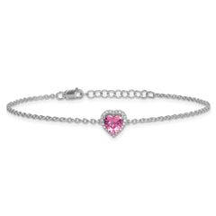 14k White Gold 1/20 carat Lab Grown Diamond VS+ F+ and Natural Pink Sapphire with 1 inch extension Halo Heart Fashion Link Bracelet