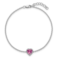 14k White Gold 1/20 carat Lab Grown Diamond VS+ F+ and Natural Pink Sapphire with 1 inch extension Halo Heart Fashion Link Bracelet