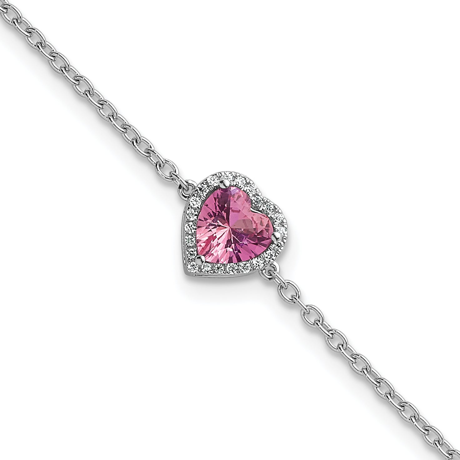 14k White Gold 1/20 carat Lab Grown Diamond VS+ F+ and Natural Pink Sapphire with 1 inch extension Halo Heart Fashion Link Bracelet