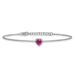 14k White Gold 1/20 carat Lab Grown Diamond VS+ F+ and Natural Ruby with 1 inch extension Halo Heart Fashion Link Bracelet