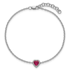14k White Gold 1/20 carat Lab Grown Diamond VS+ F+ and Natural Ruby with 1 inch extension Halo Heart Fashion Link Bracelet