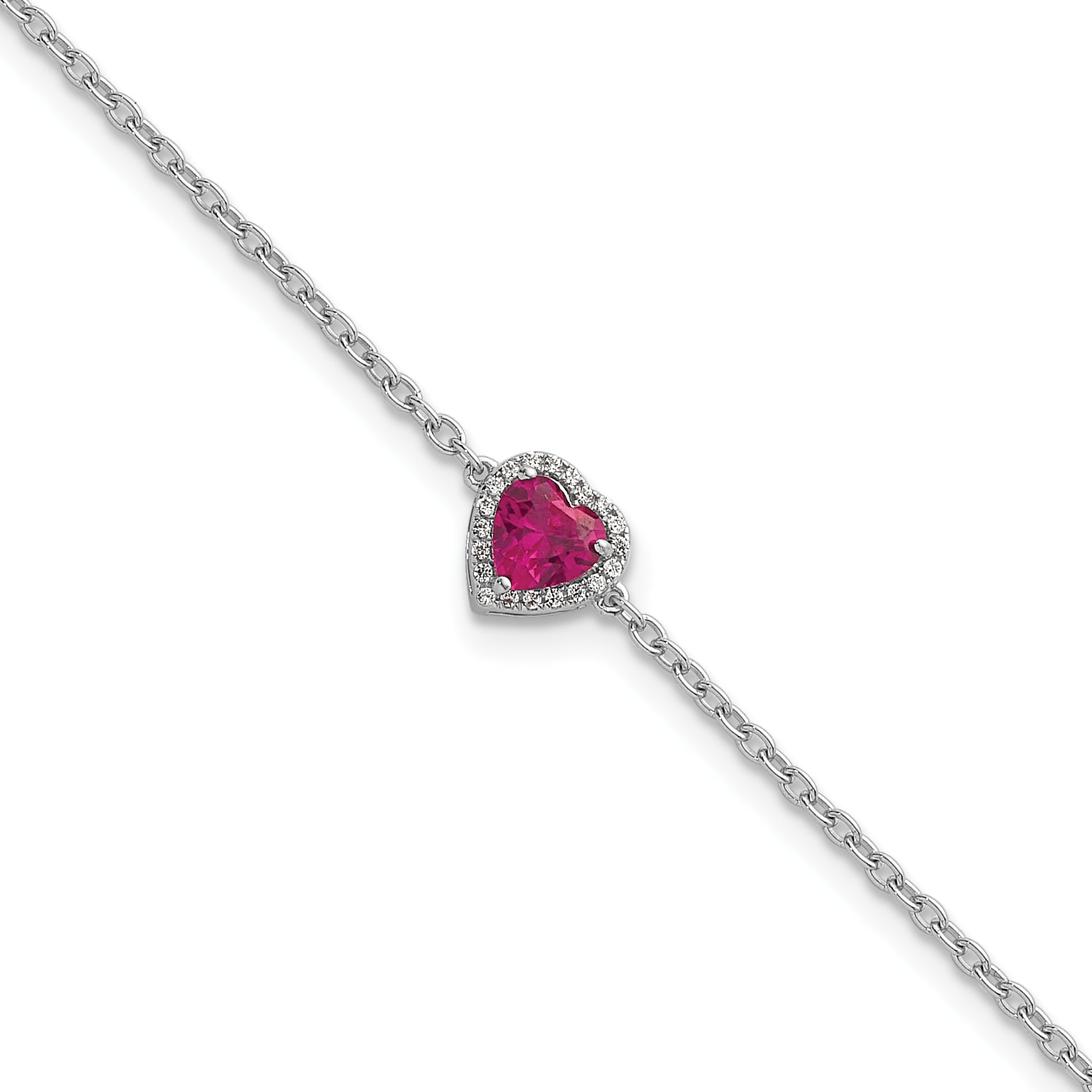 14k White Gold 1/20 carat Lab Grown Diamond VS+ F+ and Natural Ruby with 1 inch extension Halo Heart Fashion Link Bracelet