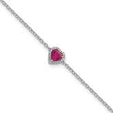 14k White Gold 1/20 carat Lab Grown Diamond VS+ F+ and Natural Ruby with 1 inch extension Halo Heart Fashion Link Bracelet
