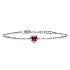 14k White Gold 1/20 carat Lab Grown Diamond VS+ F+ and Natural Ruby with 1 inch extension Halo Heart Fashion Link Bracelet