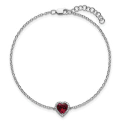 14k White Gold 1/20 carat Lab Grown Diamond VS+ F+ and Natural Ruby with 1 inch extension Halo Heart Fashion Link Bracelet