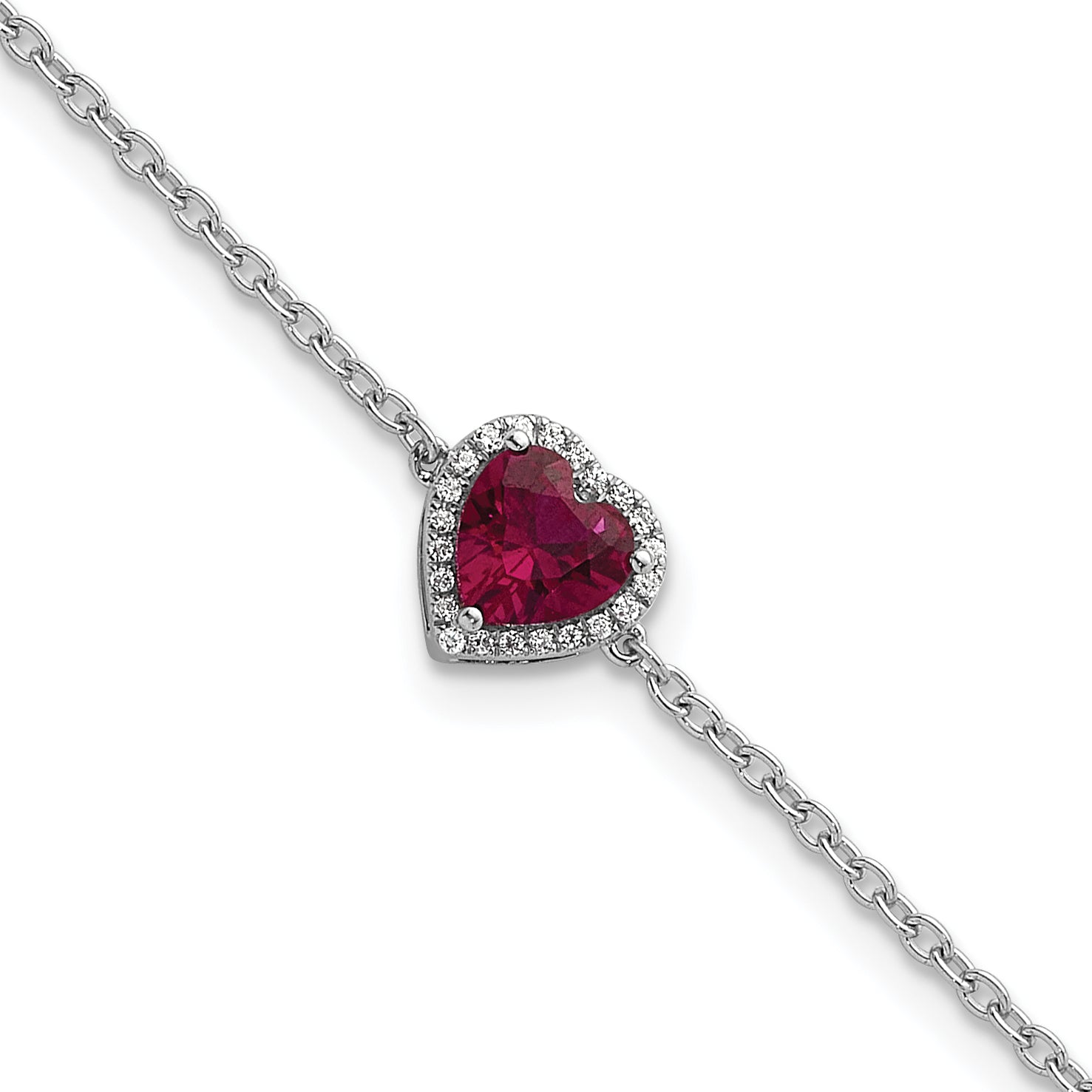 14k White Gold 1/20 carat Lab Grown Diamond VS+ F+ and Natural Ruby with 1 inch extension Halo Heart Fashion Link Bracelet