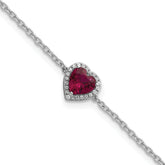 14k White Gold 1/20 carat Lab Grown Diamond VS+ F+ and Natural Ruby with 1 inch extension Halo Heart Fashion Link Bracelet