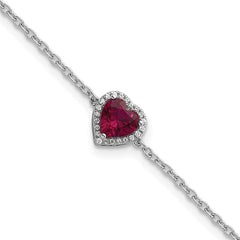 14k White Gold 1/20 carat Lab Grown Diamond VS+ F+ and Natural Ruby with 1 inch extension Halo Heart Fashion Link Bracelet