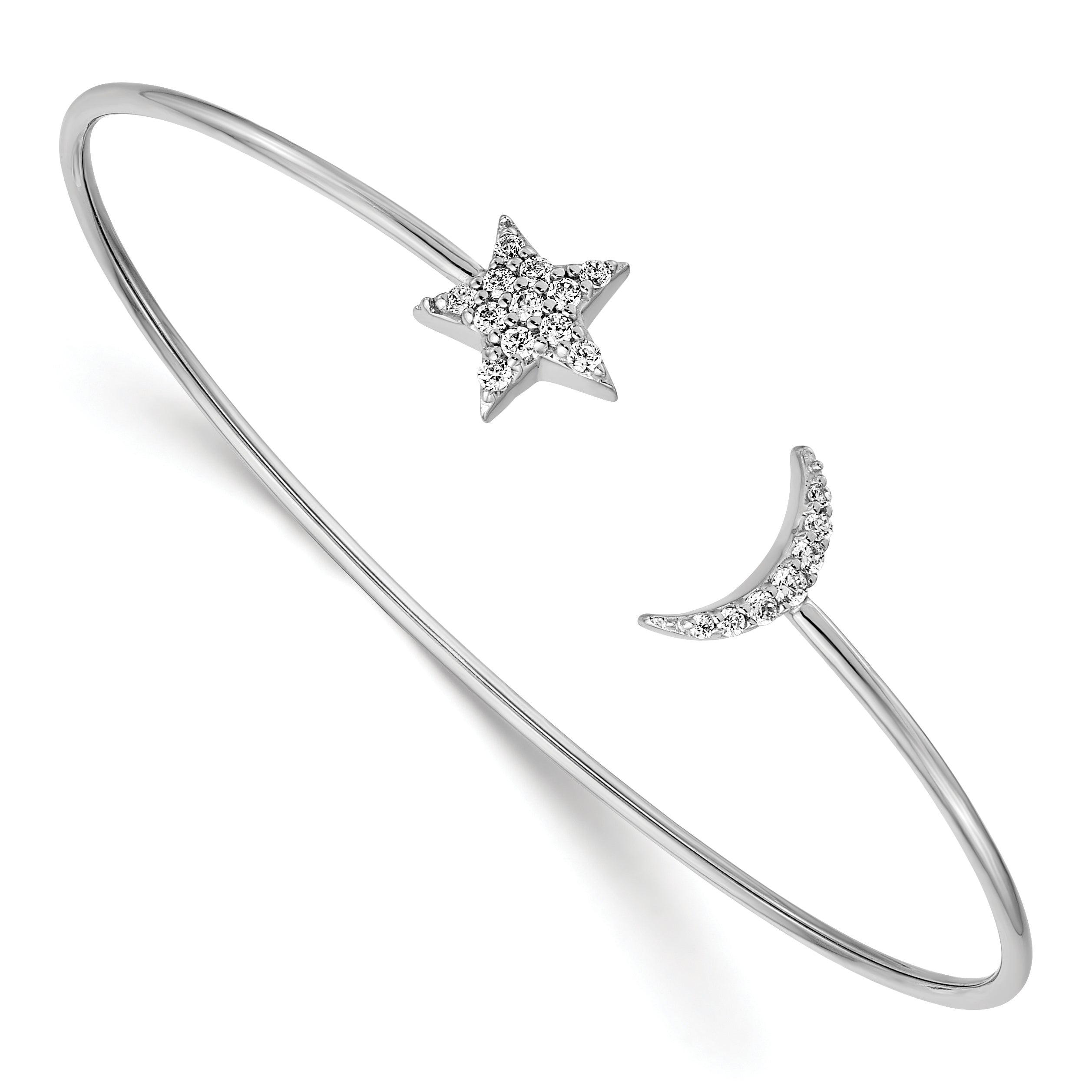14k White Gold Complete 1/4 carat Diamond Moon and Star Flexible Cuff Bangle Bracelet
