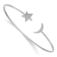 14k White Gold Complete 1/4 carat Diamond Moon and Star Flexible Cuff Bangle Bracelet