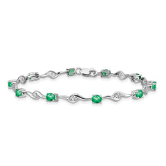 14k White Gold Complete Oval Emerald and Round White Sapphire Curved Link 7 inch Bracelet