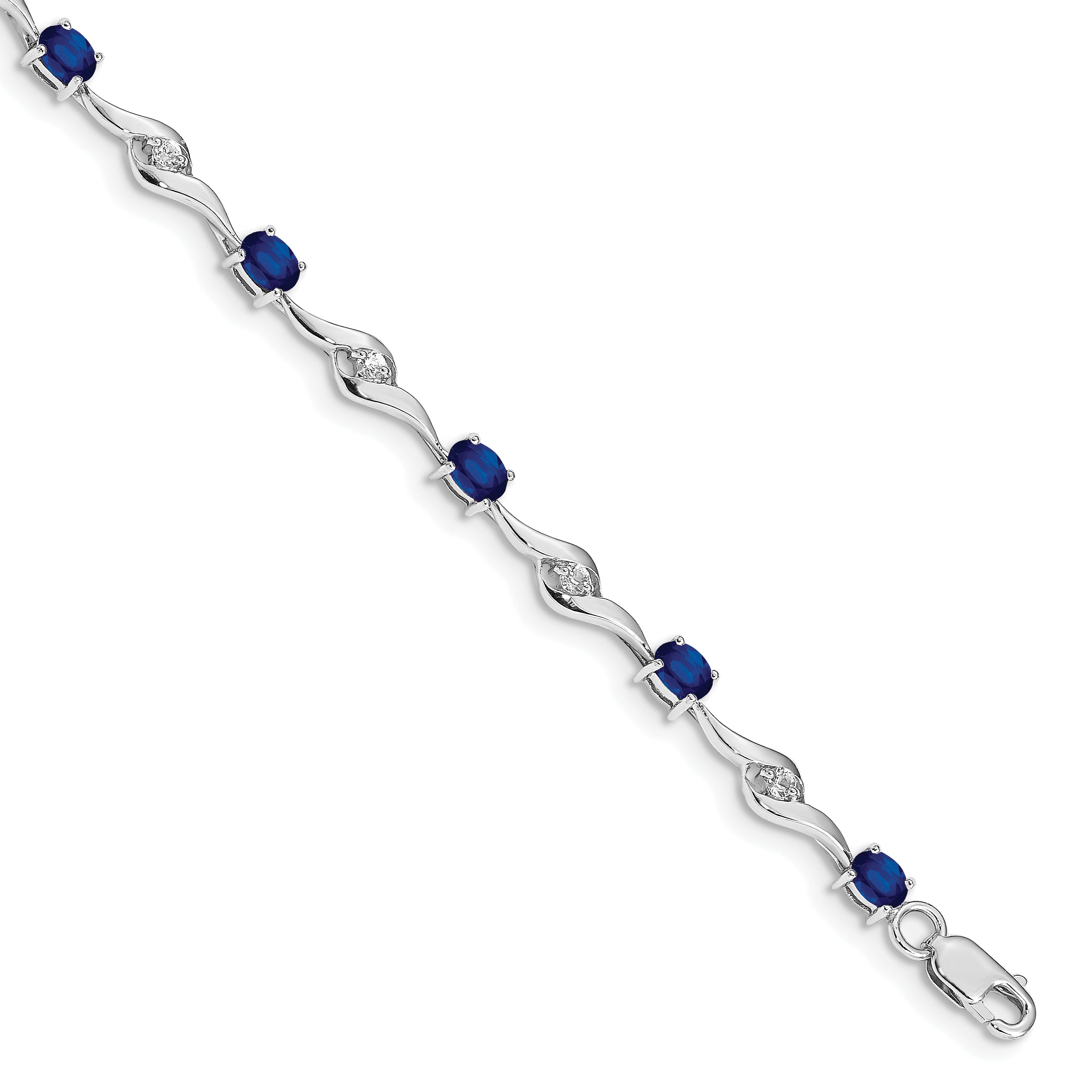 14k White Gold Complete Oval Blue Sapphire and Round White Sapphire Curved Link 7 inch Bracelet