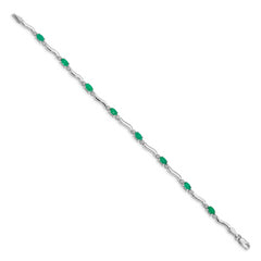 14k White Gold Complete Diamond and Oval Emerald Wavy Link 7 inch Bracelet