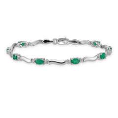 14k White Gold Complete Diamond and Oval Emerald Wavy Link 7 inch Bracelet