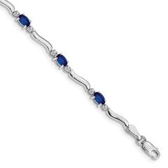 14k White Gold Complete Diamond and Oval Sapphire Wavy Link 7 inch Bracelet