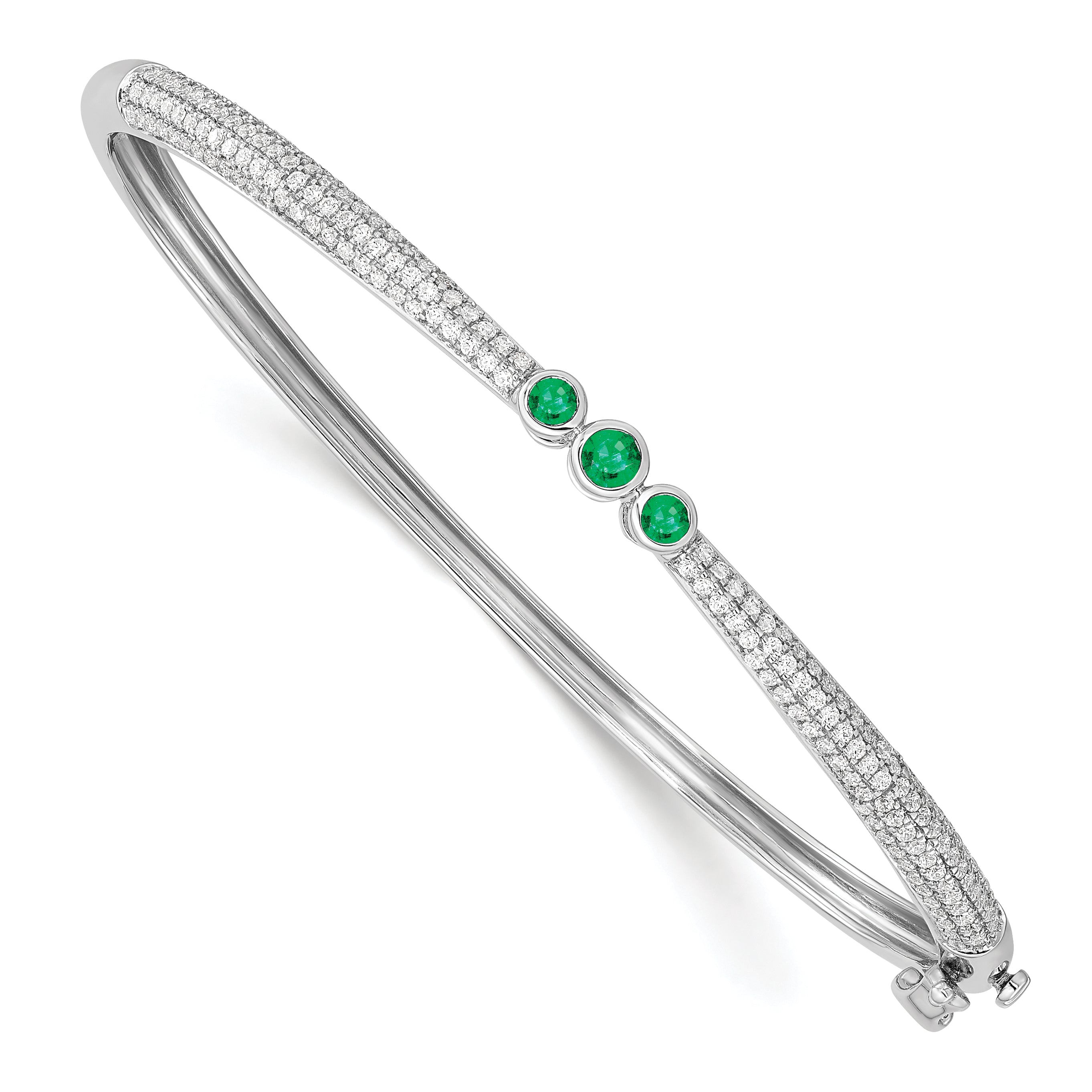 14k White Gold 7/8 carat Lab Grown Diamond VS/SI+ G+ and Lab Created Emerald Bangle Bracelet