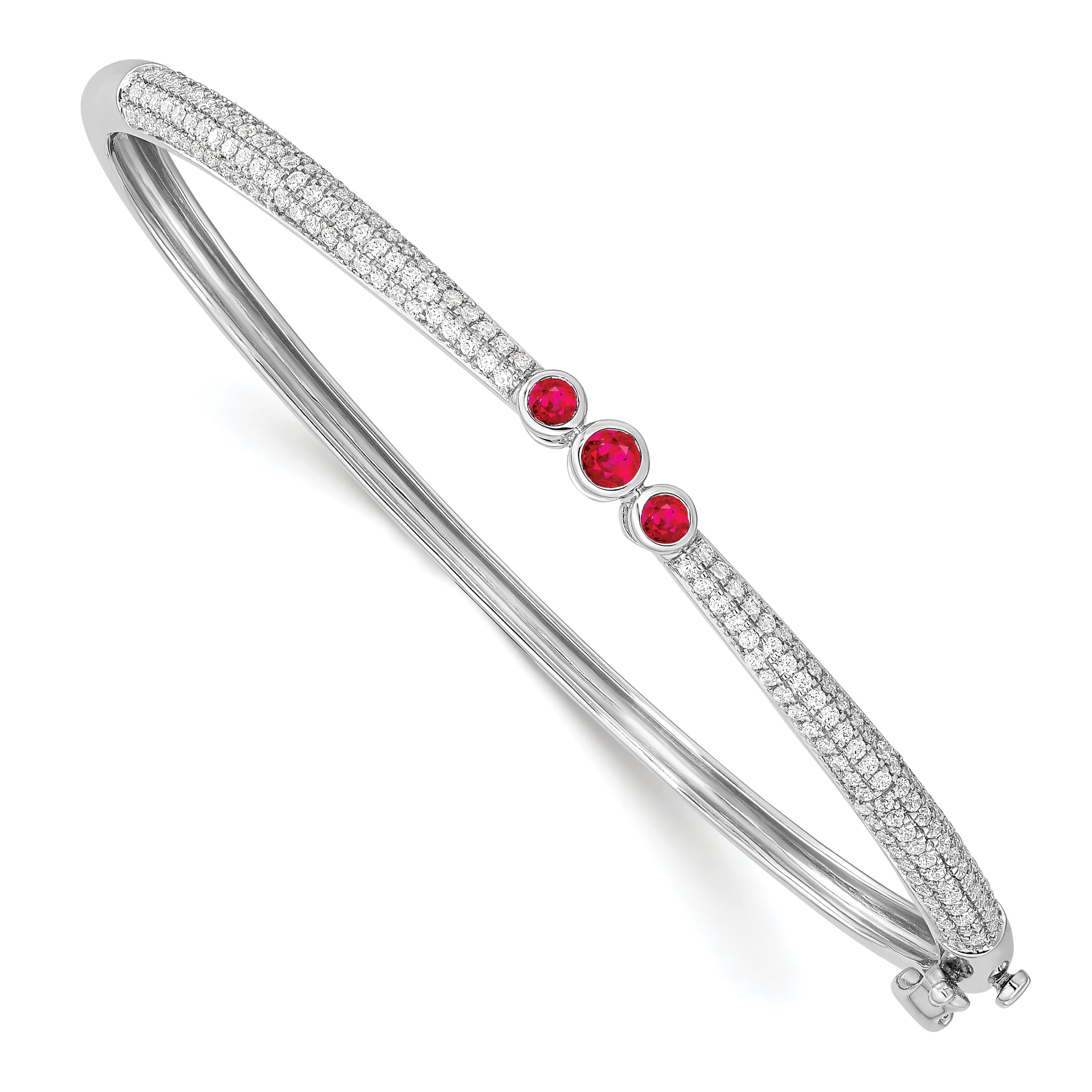 14k White Gold 7/8 carat Lab Grown Diamond VS/SI+ G+ and Lab Created Ruby Bangle Bracelet