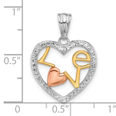 14K Tri-Color Diamond-cut LOVE in Heart Pendant