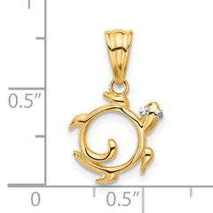 14K with White Rhodium Diamond Cut Swirl Turtle Pendant