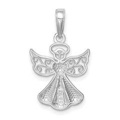 14K White Gold Polished and Textured Guardian Angel with Heart Pendant