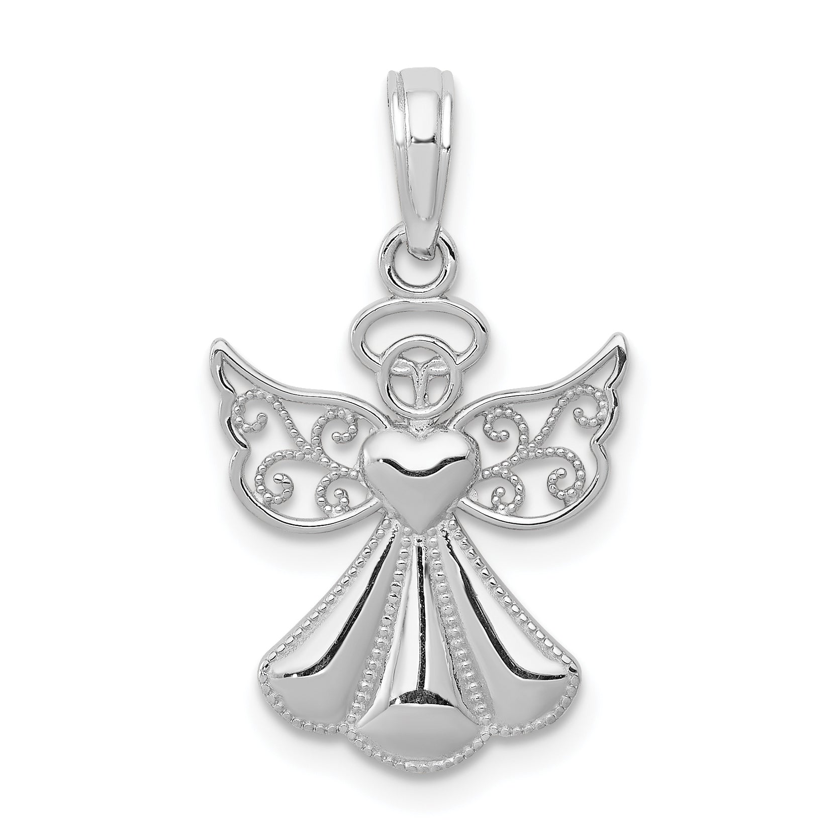 14K White Gold Polished and Textured Guardian Angel with Heart Pendant