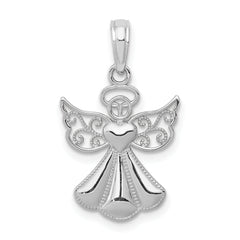 14K White Gold Polished and Textured Guardian Angel with Heart Pendant