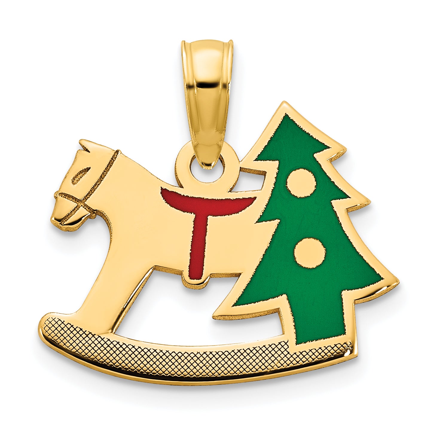 14k Polished Epoxy Rocking Horse with Christmas Tree Pendant