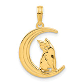 14k Polished Cat Sitting On Moon Pendant