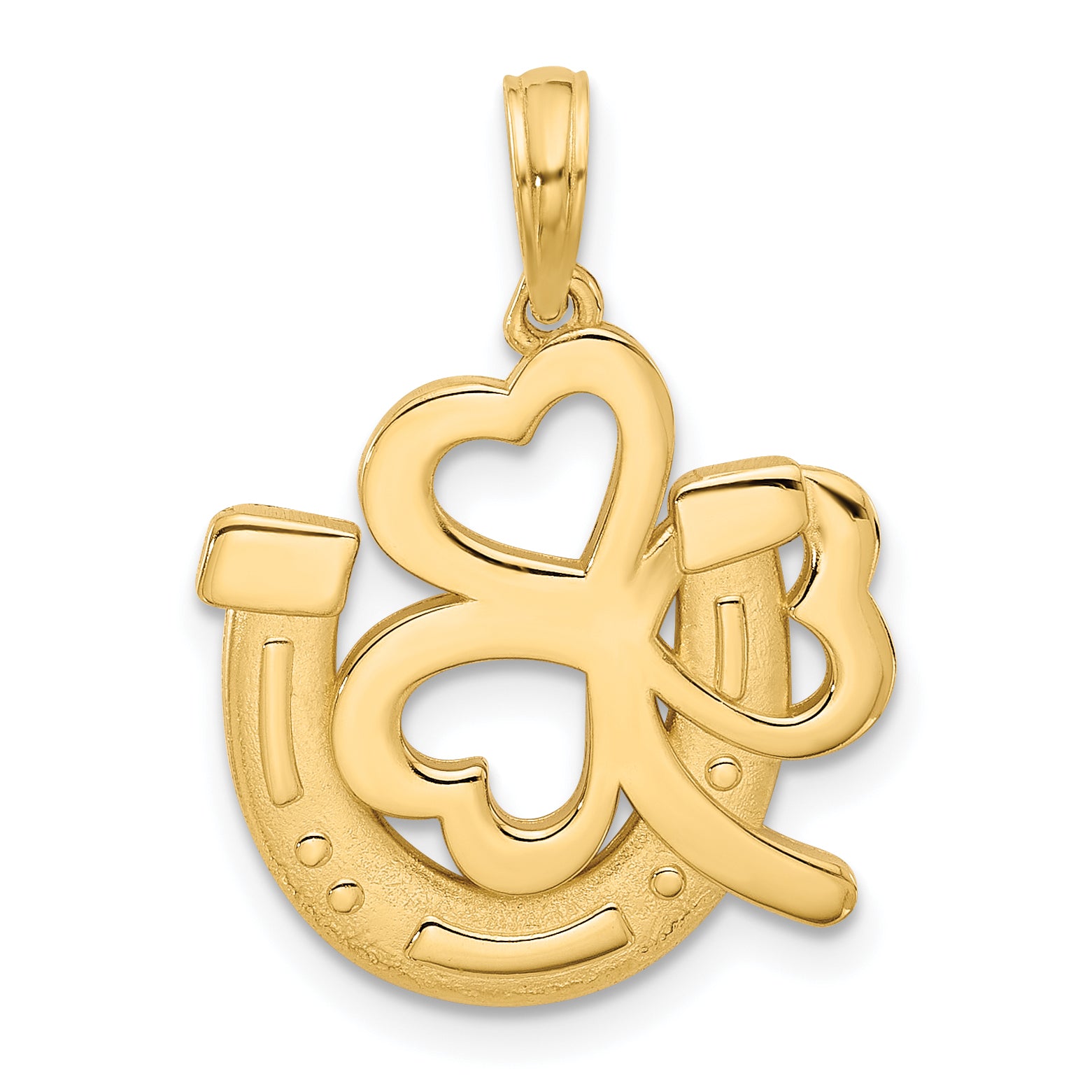 14K Polished and Satin Horseshoe and Clover Charm