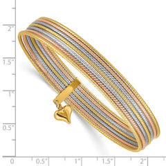 14K Oversize Tri-color Polished and Textured with Dangle Heart 7-Strand 11.00mm Slip-on Round Bangle Bracelet