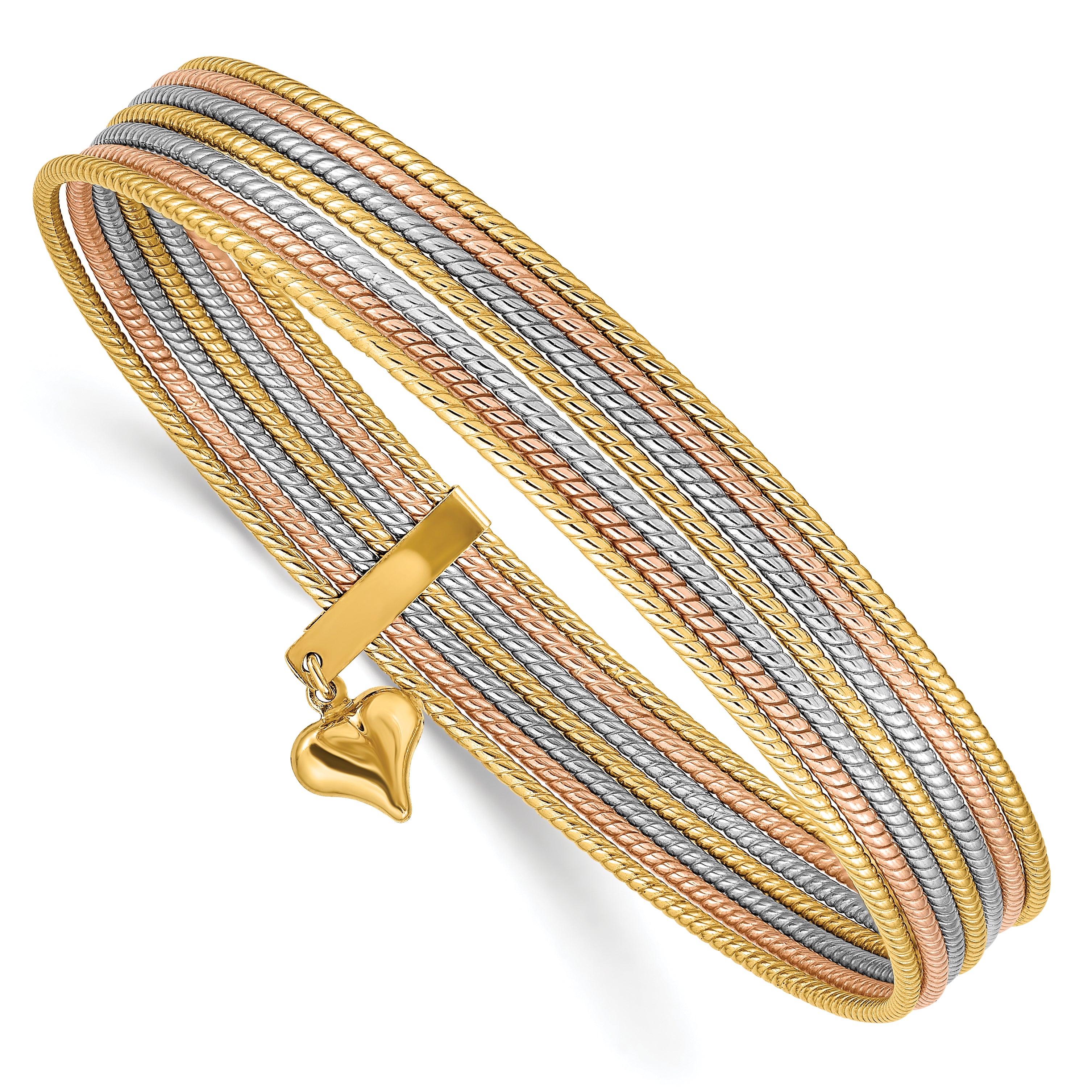 14K Oversize Tri-color Polished and Textured with Dangle Heart 7-Strand 11.00mm Slip-on Round Bangle Bracelet