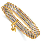 14K Oversize Tri-color Polished and Textured with Dangle Heart 7-Strand 11.00mm Slip-on Round Bangle Bracelet