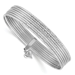 14K White Gold Polished and Textured with Dangle Heart 7-Strand 11.00mm Slip-on Round Bangle Bracelet