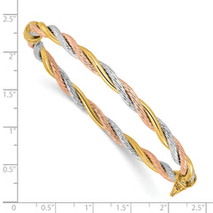 14K Tri-color Polished and Textured 4.30mm Twisted Hinged Oval Bangle Bracelet