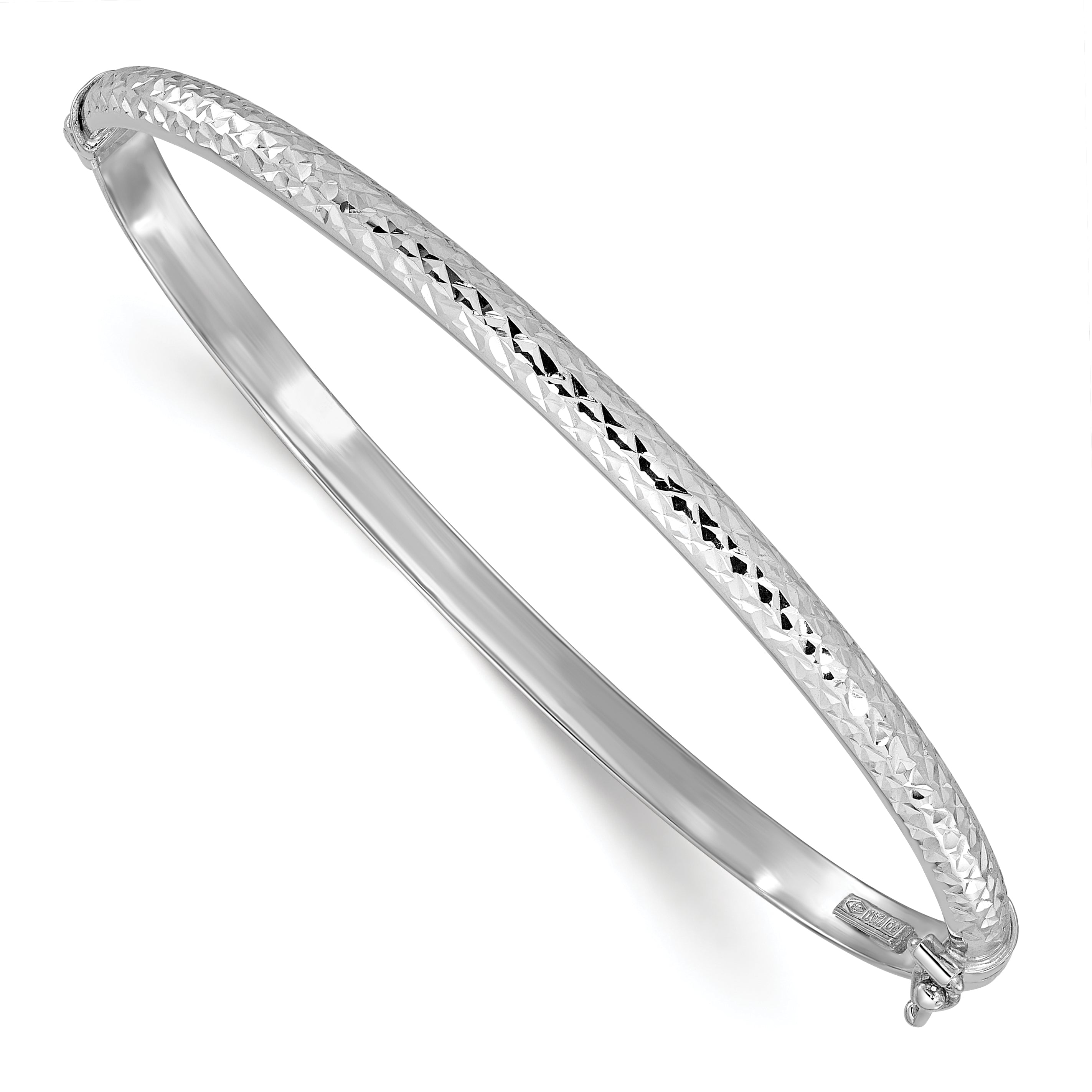 14K White Gold Polished Diamond-cut 4.00mm Hinged Oval Bangle Bracelet