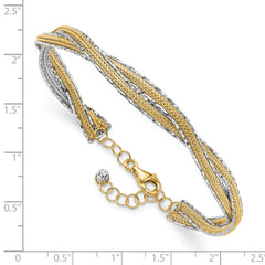 14K Two-tone Diamond-cut and Textured Braided 6.70mm with Safety Chain Flexible Oval Bangle Bracelet