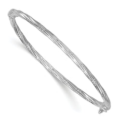 14K with White Rhodium Polished and Textured 2.90mm Twisted Hinged Oval Bangle Bracelet