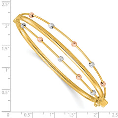 14k Tri-color Polished 3-Row Diamond-cut Beaded Hinged Oval Bangle Bracelet